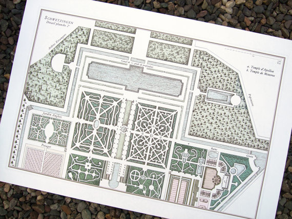 This fine art print, of an French antique garden plan, has been colored in a pastel palette with sepia accents. The formal garden plan includes an extensive water / canal system that runs around the entire garden and also includes a grotto. The other parts of the design include: a forest, potager, formal hedge gardens, swimming pool, fountains, temple gardens, nursery and the owner's own menagerie or zoo. The garden's name is: "Schwetzingen Detail Planche ". 