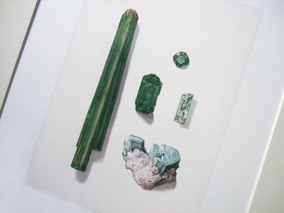 This fine art print is of a geology / mineral & crystal study. There are four natural crystals in emerald greens and soft blues with one gem polished and cut and ready for a setting. 